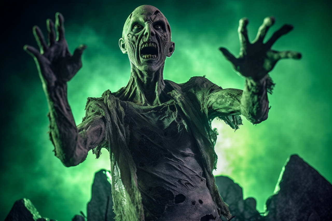 A picture of a zombie coming out of a spooky graveyard at night, under a full moon, during halloween, halloween celebration image