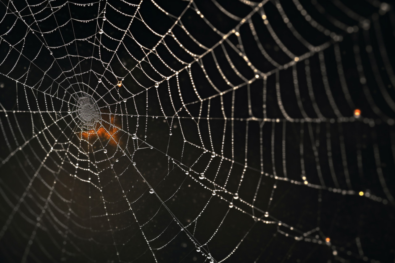 A real spiderweb on a black background, taken on halloween, halloween celebration image