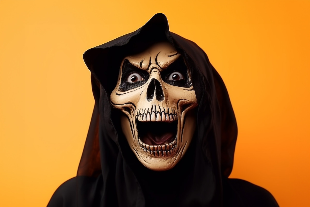 A photo of a woman dressed up for halloween in a scary costume, halloween celebration image