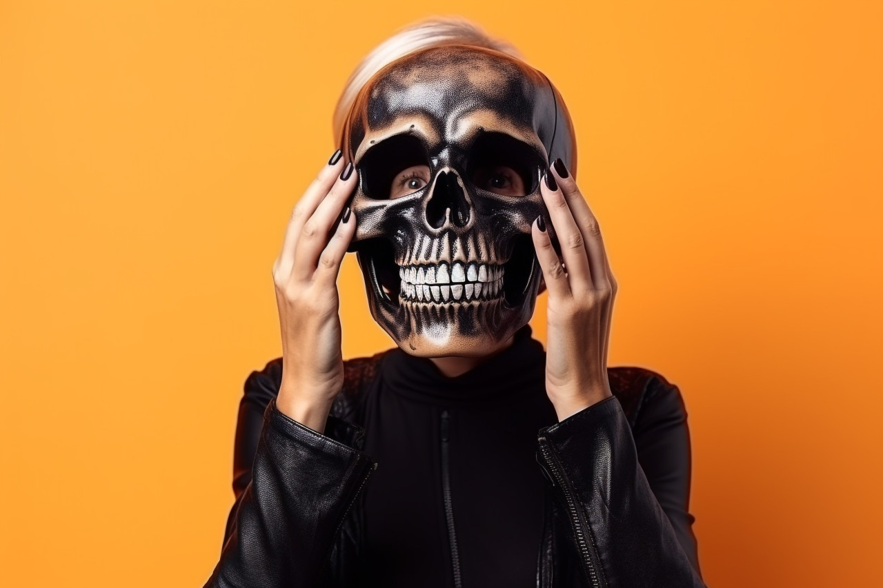 A photo of a woman dressed up for halloween in a scary costume, halloween celebration image