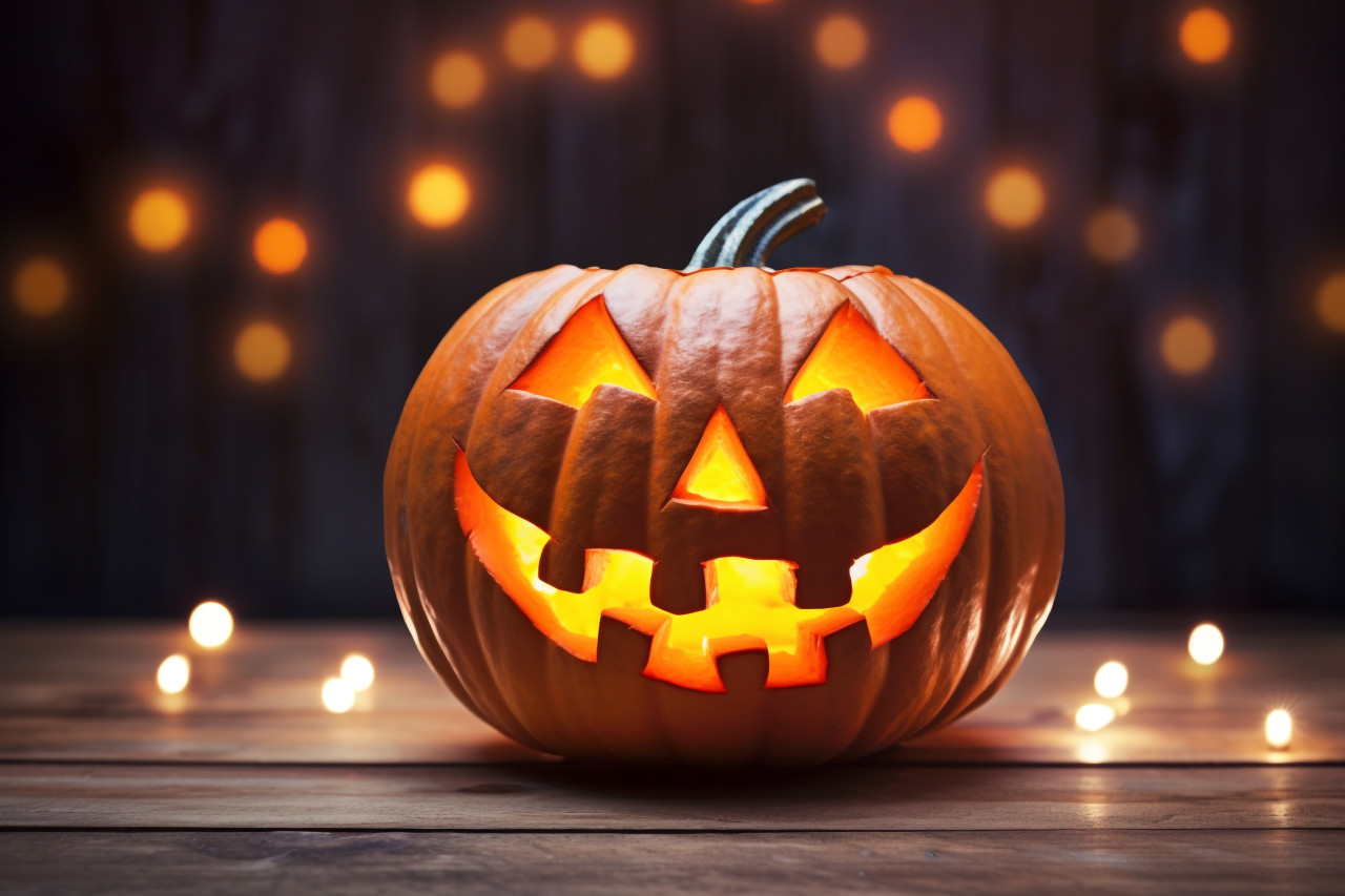 A picture of a carved pumpkin on a wooden table, halloween celebration image