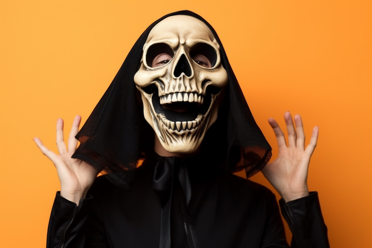 A photo of a woman dressed up for halloween in a scary costume, halloween celebration image