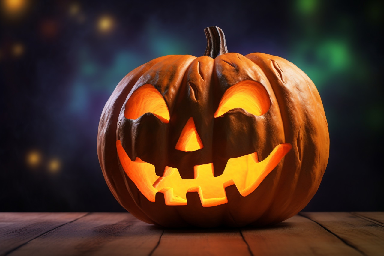 A picture of a carved pumpkin on a wooden table, halloween celebration image