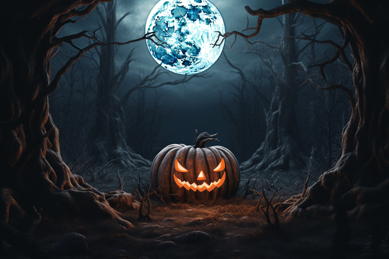 A picture of a scary pumpkin in a dark forest with the moon in the sky, halloween celebration image