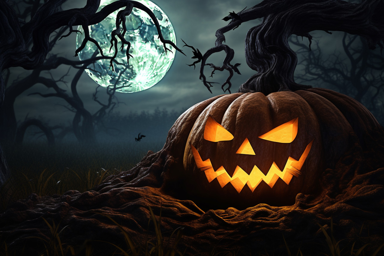 A picture of a scary pumpkin in a dark forest with the moon in the sky, halloween celebration image