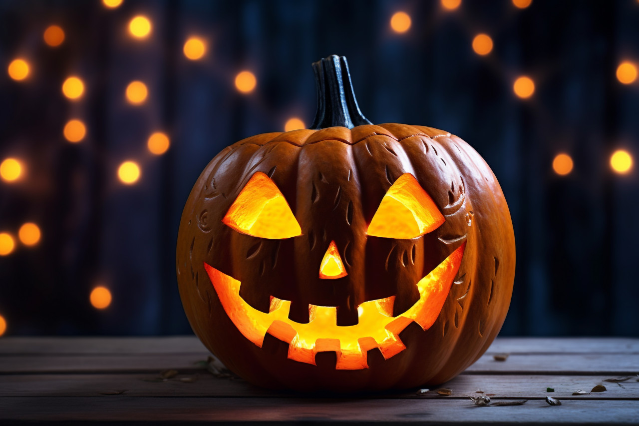 A picture of a carved pumpkin on a wooden table, halloween celebration image
