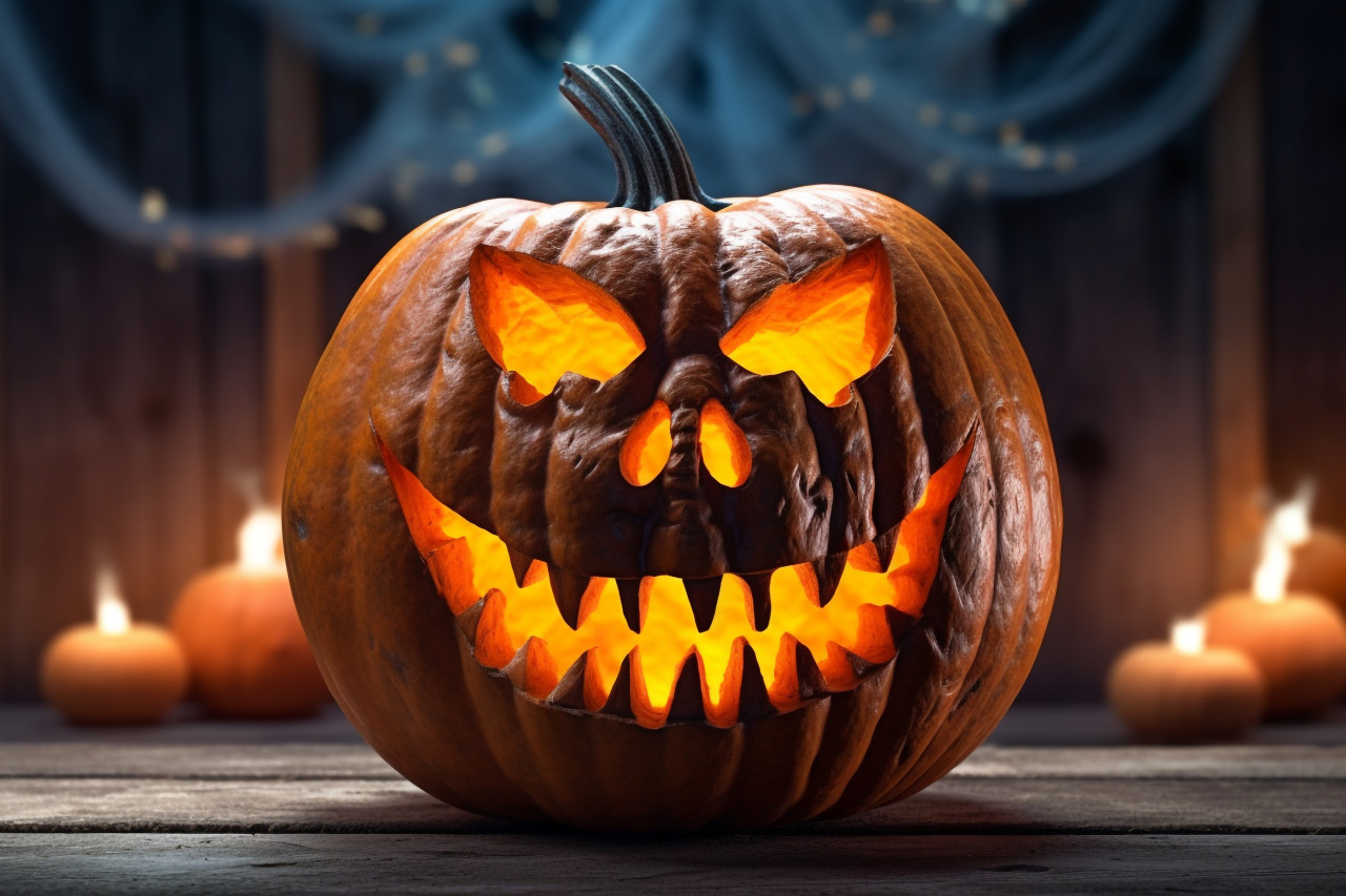 A picture of a carved pumpkin on a wooden table, halloween celebration image