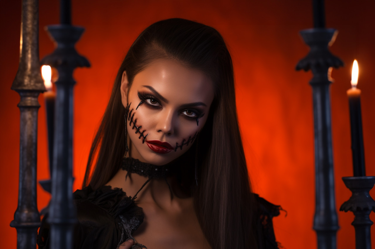 A photo of a woman dressed as a vampire for halloween. she is wearing sexy vampire makeup and has dripping blood on her mouth, halloween celebration image