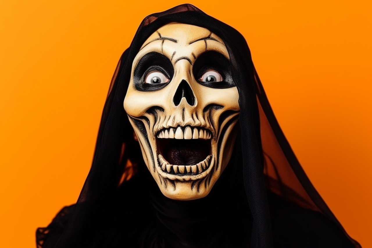 A photo of a woman dressed up for halloween in a scary costume, halloween celebration image