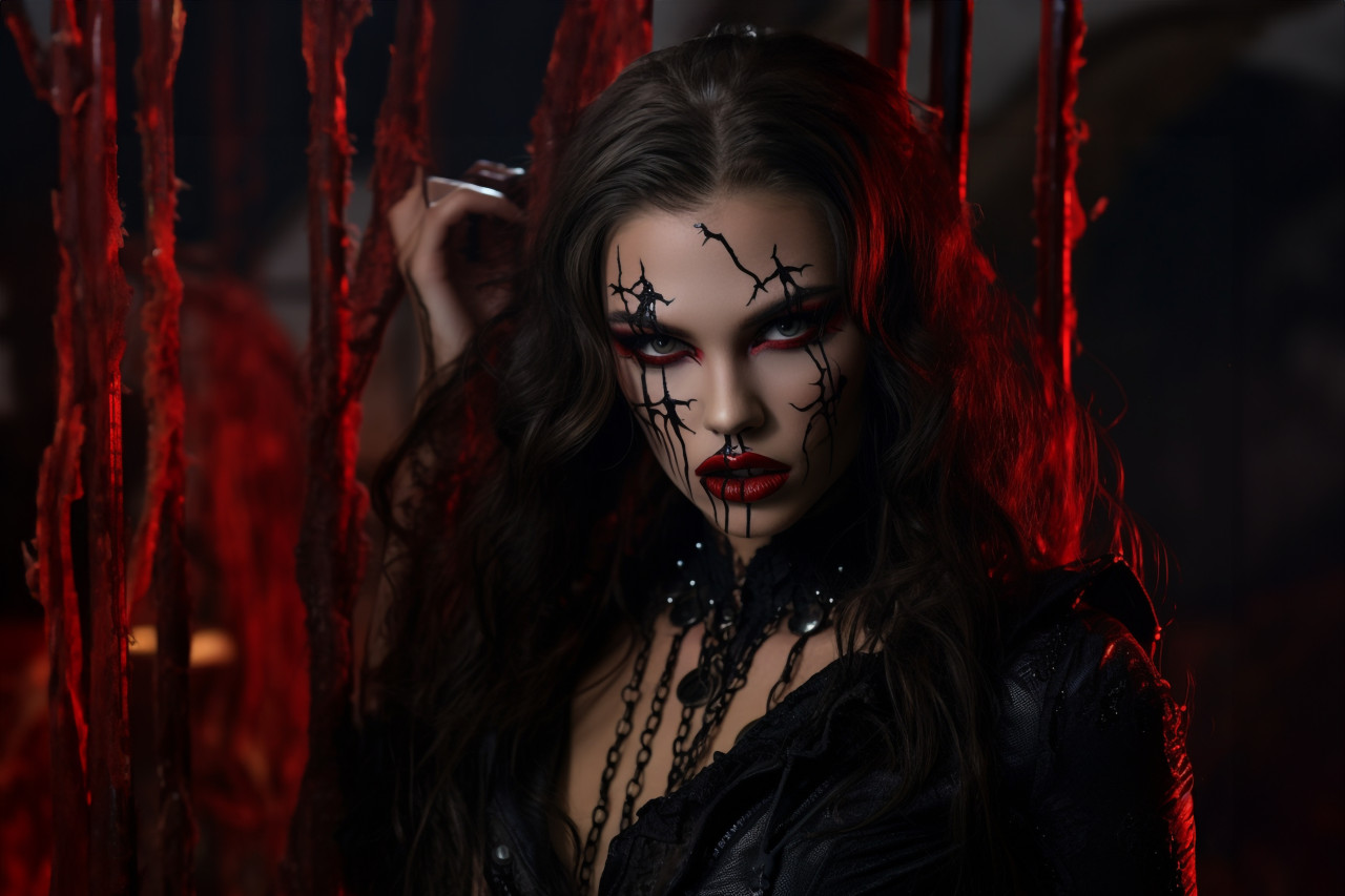 A photo of a woman dressed as a vampire for halloween. she is wearing sexy vampire makeup and has dripping blood on her mouth, halloween celebration image