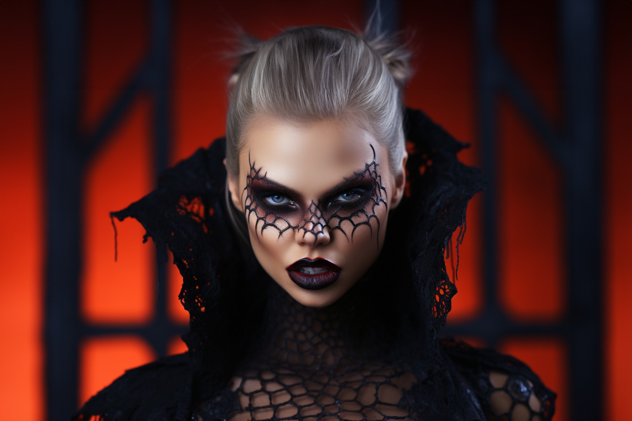 A photo of a woman dressed as a vampire for halloween. she is wearing sexy vampire makeup and has dripping blood on her mouth, halloween celebration image