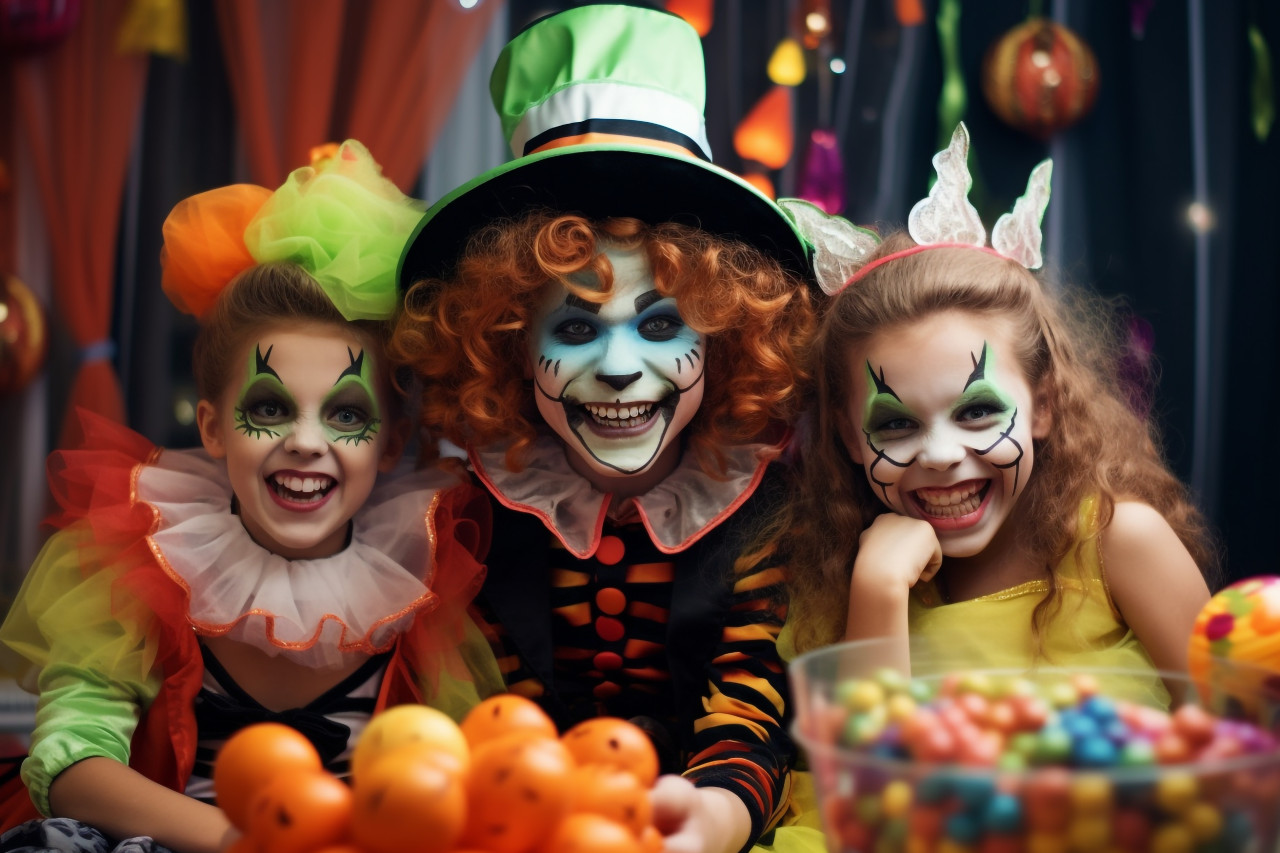 A photo of a happy brother and two sisters in funny halloween costumes playing with pumpkins and candy indoors, halloween celebration image