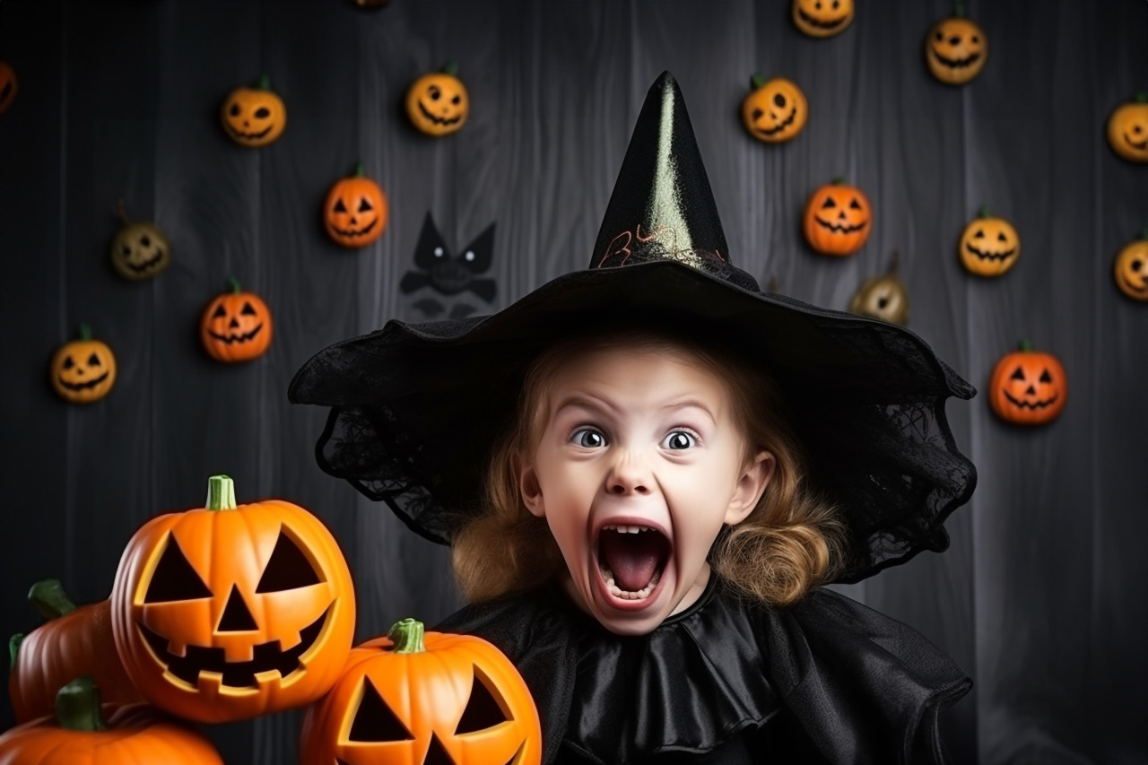A picture of a funny little girl in a witch costume for halloween, with a carved pumpkin and an orange balloon, halloween celebration image