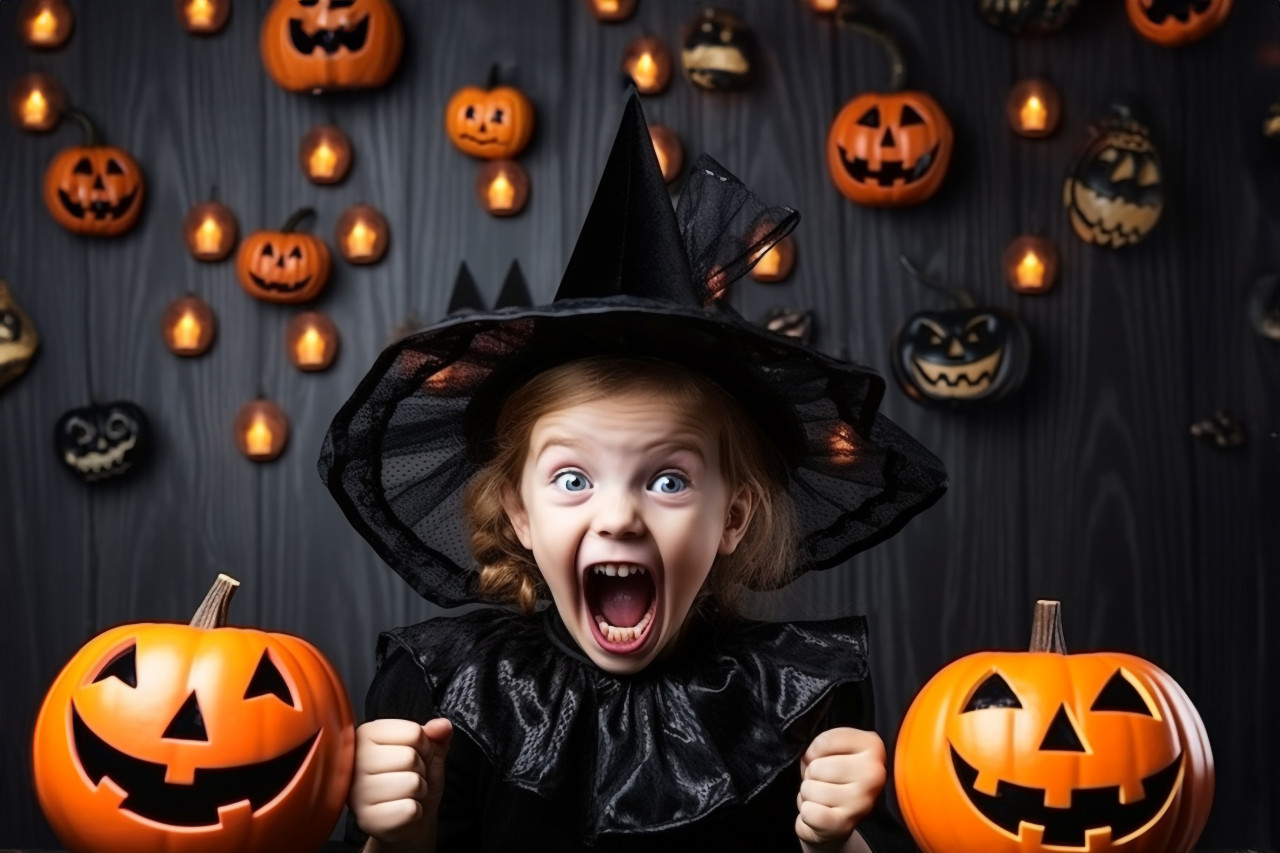 A picture of a funny little girl in a witch costume for halloween, with a carved pumpkin and an orange balloon, halloween celebration image
