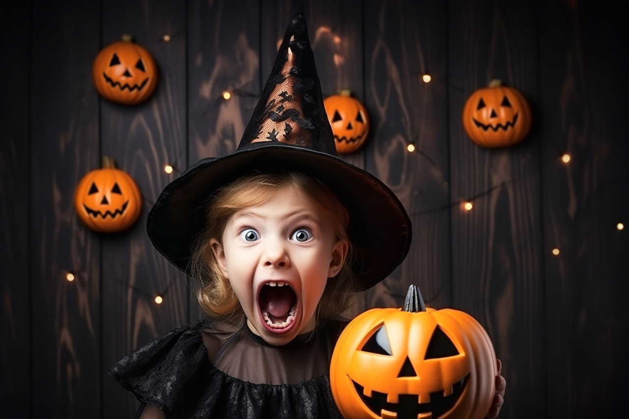 A picture of a funny little girl in a witch costume for halloween, with a carved pumpkin and an orange balloon, halloween celebration image