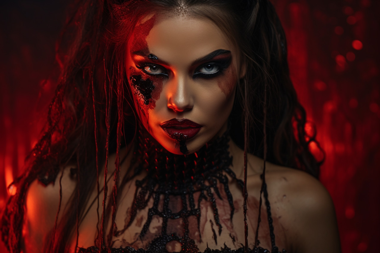 A photo of a woman dressed as a vampire for halloween. she is wearing sexy vampire makeup and has dripping blood on her mouth, halloween celebration image