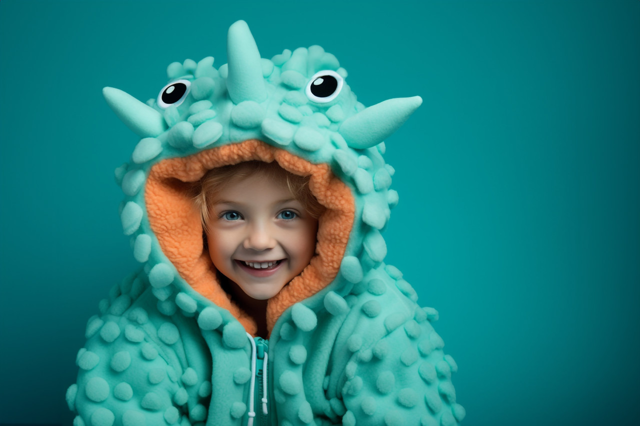 Picture of a little girl dressed as a pumpkin with a blue background, halloween celebration image
