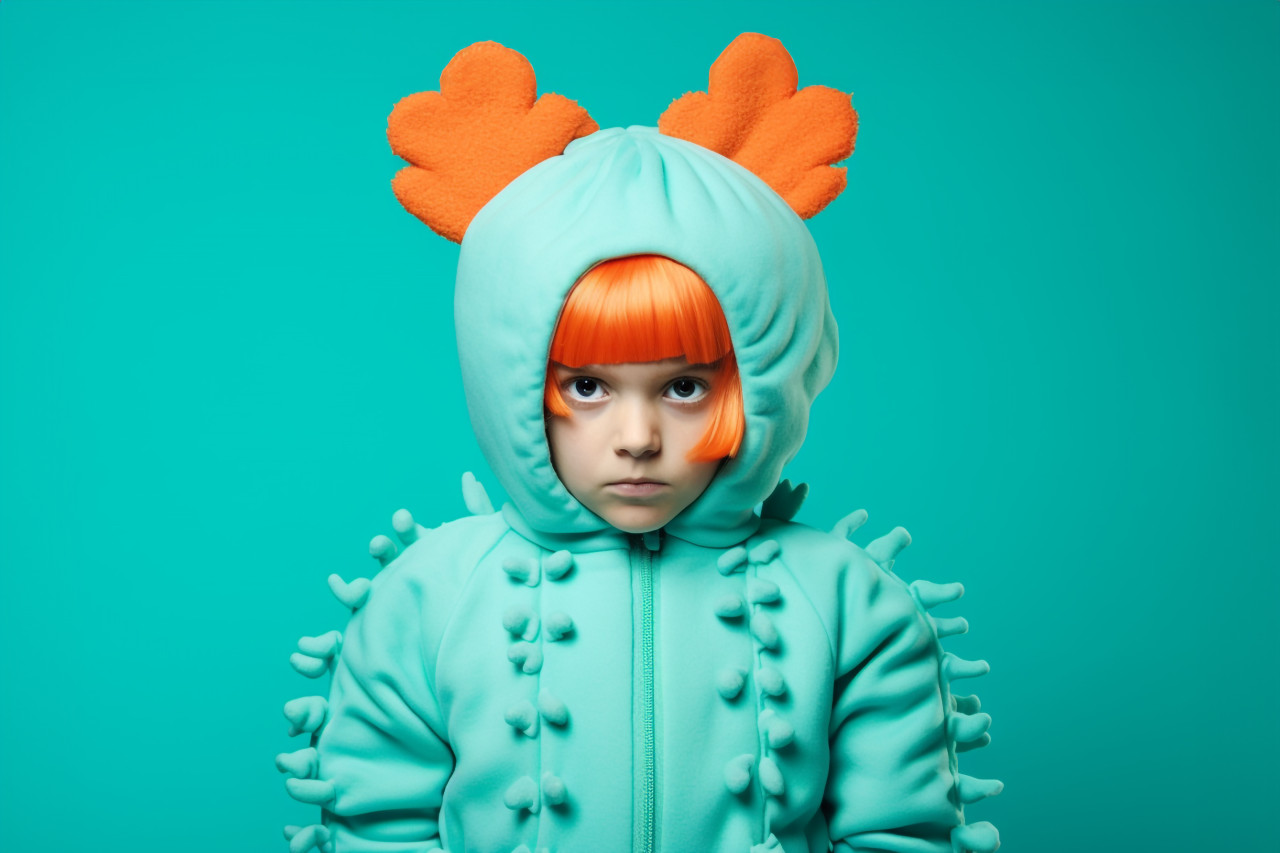 Picture of a little girl dressed as a pumpkin with a blue background, halloween celebration image