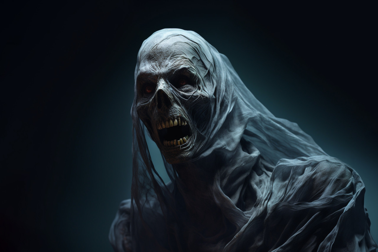 Picture of a spooky ghost against a black background, halloween celebration image