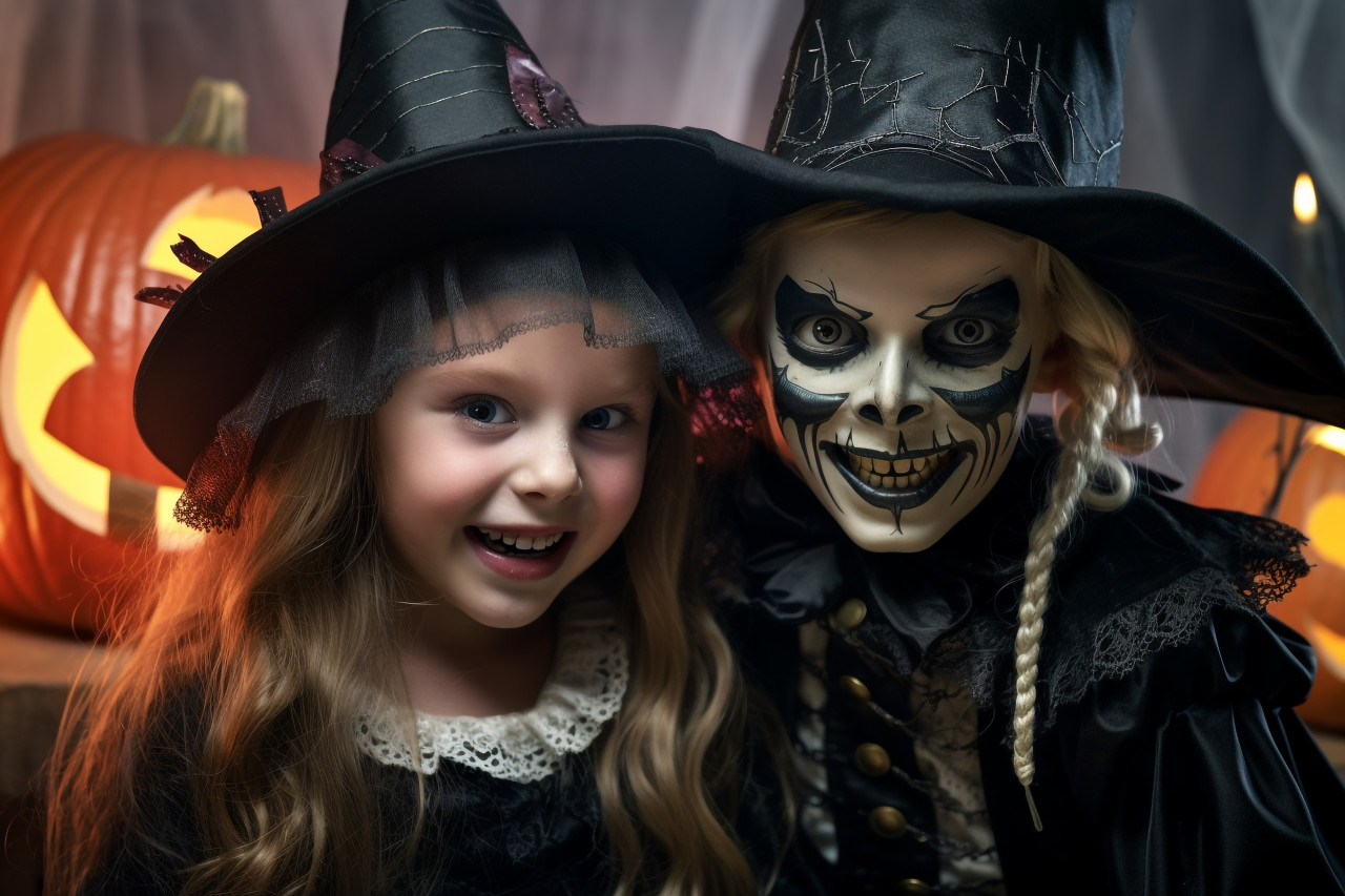 A picture of happy children dressed as a witch and a vampire in a dark house on halloween, halloween celebration image
