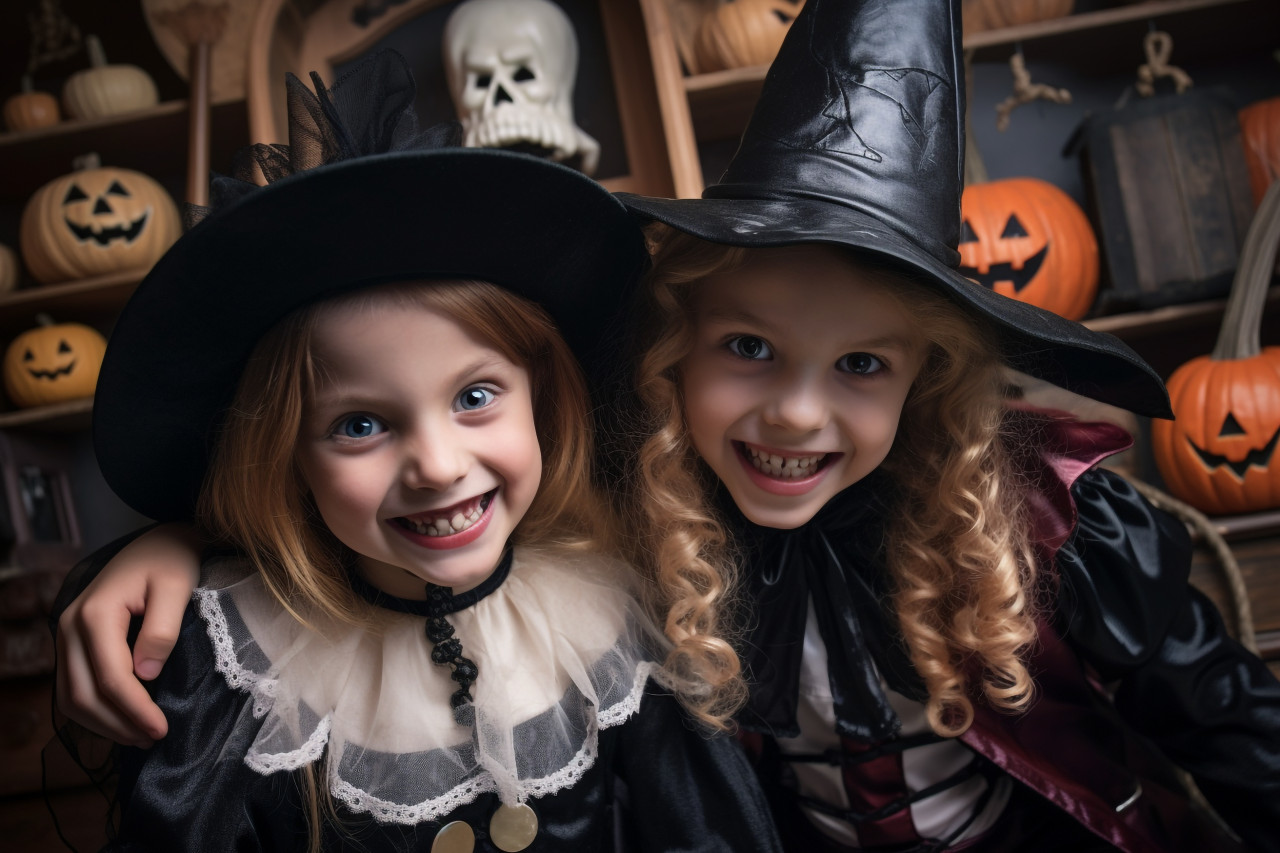 A picture of happy children dressed as a witch and a vampire in a dark house on halloween, halloween celebration image