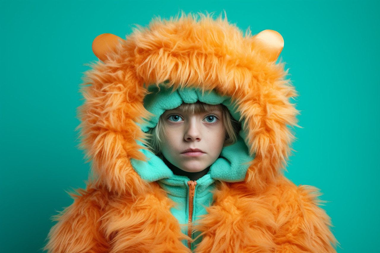 Picture of a little girl dressed as a pumpkin with a blue background, halloween celebration image