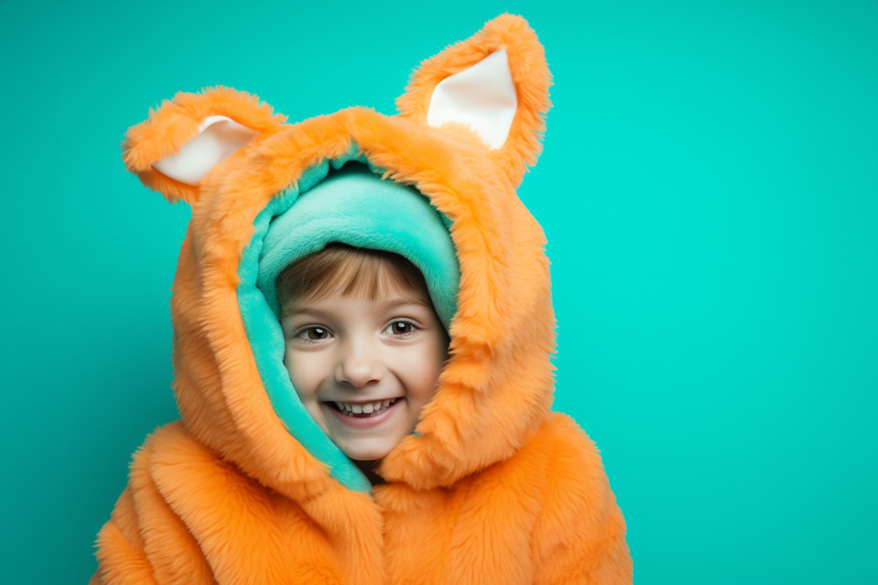 Picture of a little girl dressed as a pumpkin with a blue background, halloween celebration image