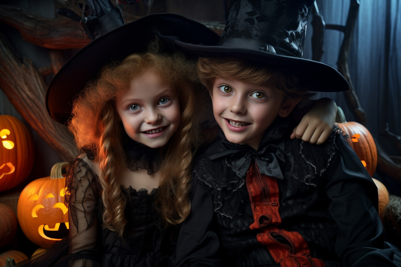 A picture of happy children dressed as a witch and a vampire in a dark house on halloween, halloween celebration image