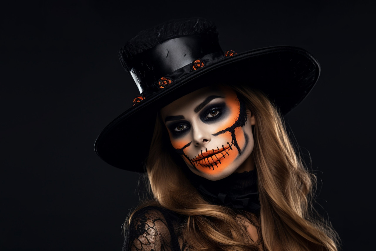 Picture of a pretty model with halloween makeup on a black background, halloween celebration image