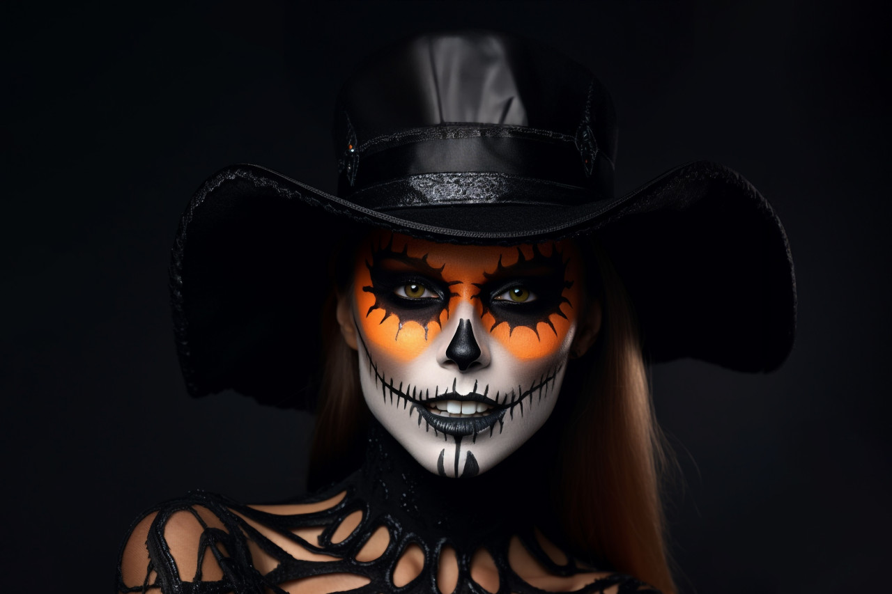 Picture of a pretty model with halloween makeup on a black background, halloween celebration image