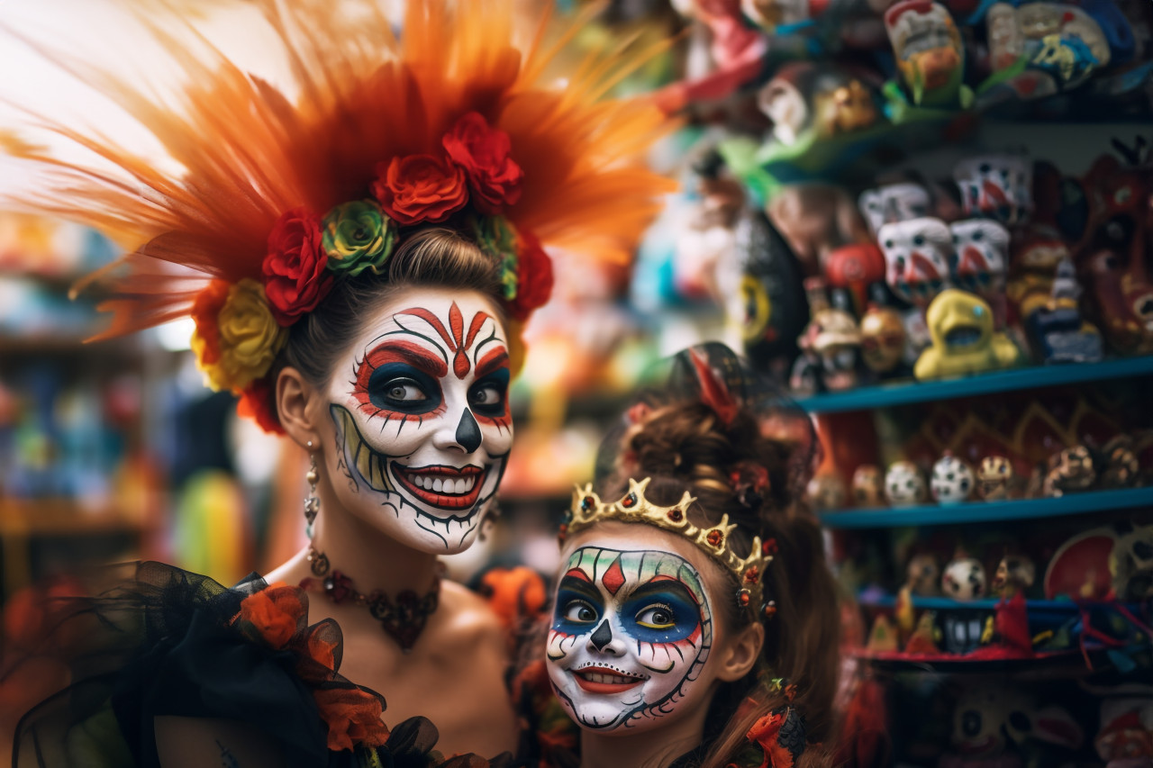 A photo of a happy family getting ready for halloween. a young mom and her child are in costume to celebrate the holiday, halloween celebration image