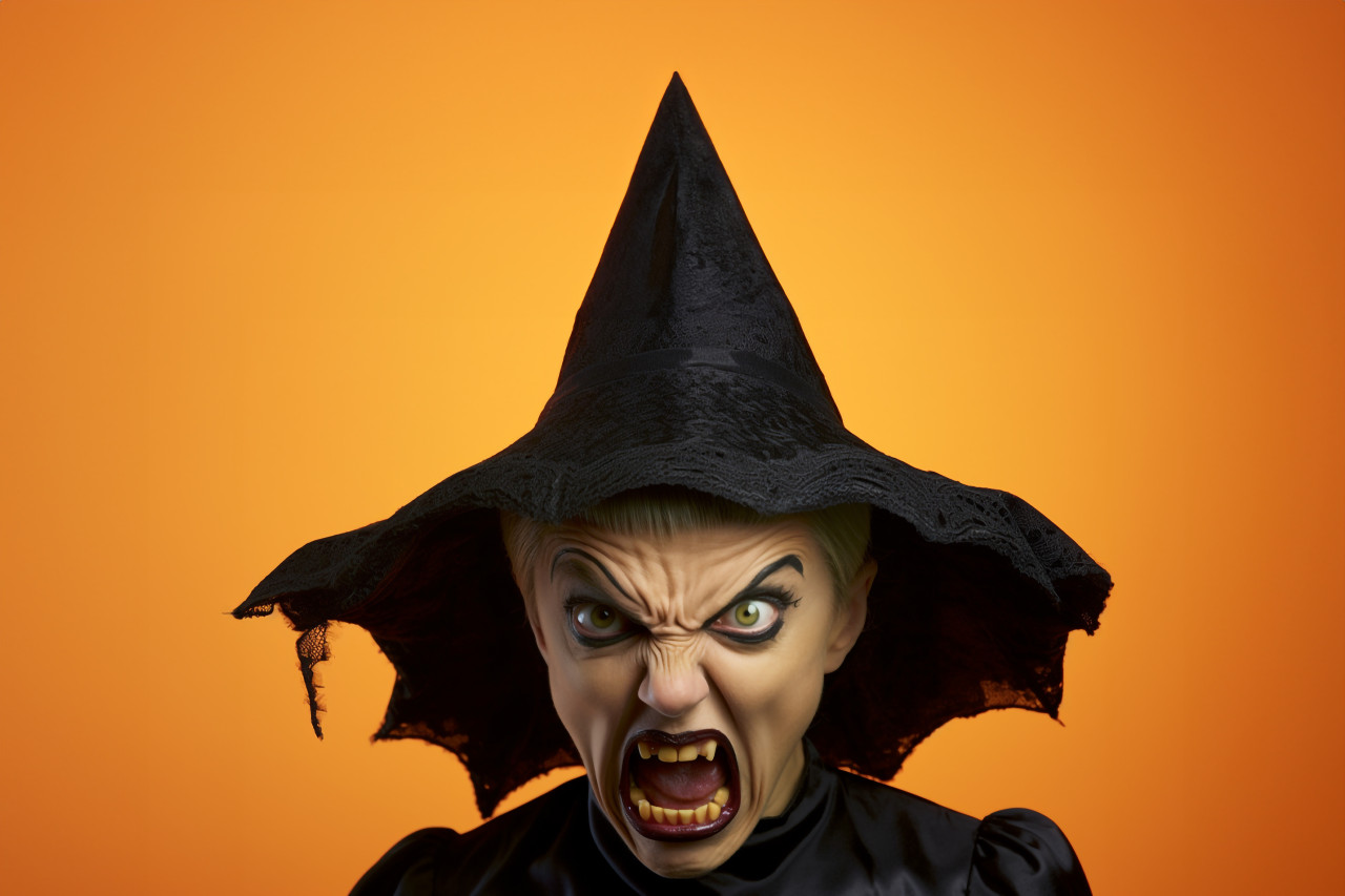 A picture of a small, angry girl wearing a witch costume and standing in front of a yellow background on halloween, halloween celebration image