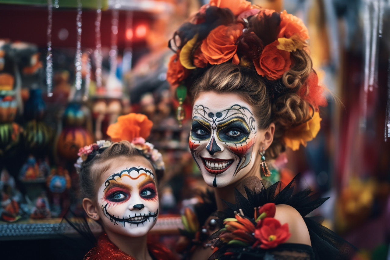 A photo of a happy family getting ready for halloween. a young mom and her child are in costume to celebrate the holiday, halloween celebration image