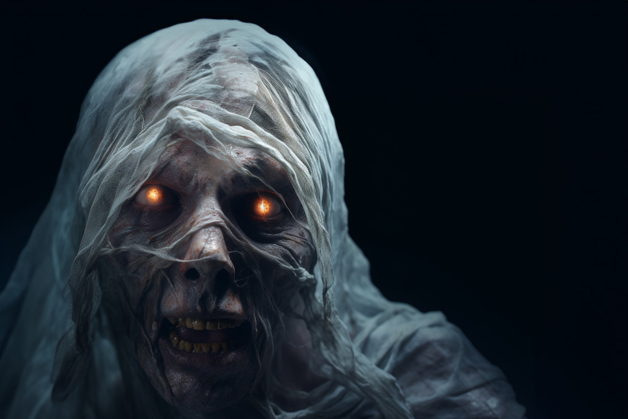 Picture of a spooky ghost against a black background, halloween celebration image