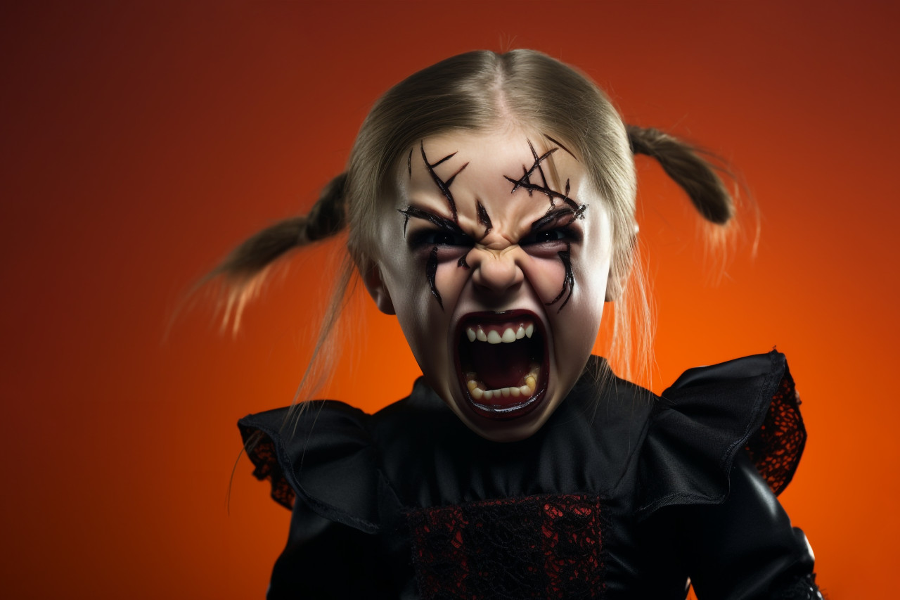 A picture of a small, angry girl wearing a witch costume and standing in front of a yellow background on halloween, halloween celebration image