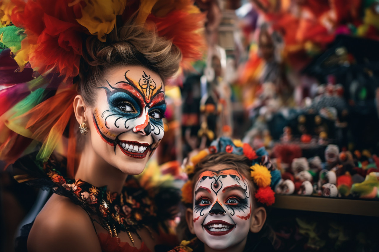 A photo of a happy family getting ready for halloween. a young mom and her child are in costume to celebrate the holiday, halloween celebration image