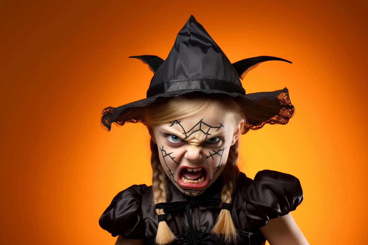 A picture of a small, angry girl wearing a witch costume and standing in front of a yellow background on halloween, halloween celebration image