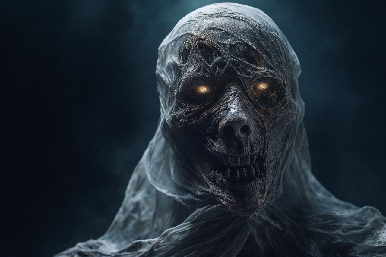 Picture of a spooky ghost against a black background, halloween celebration image