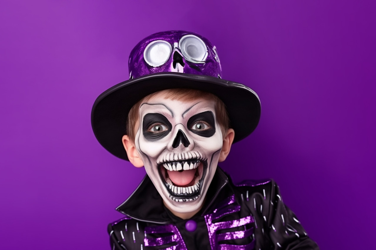 A photo of a happy boy in a skeleton costume celebrating halloween, halloween celebration image