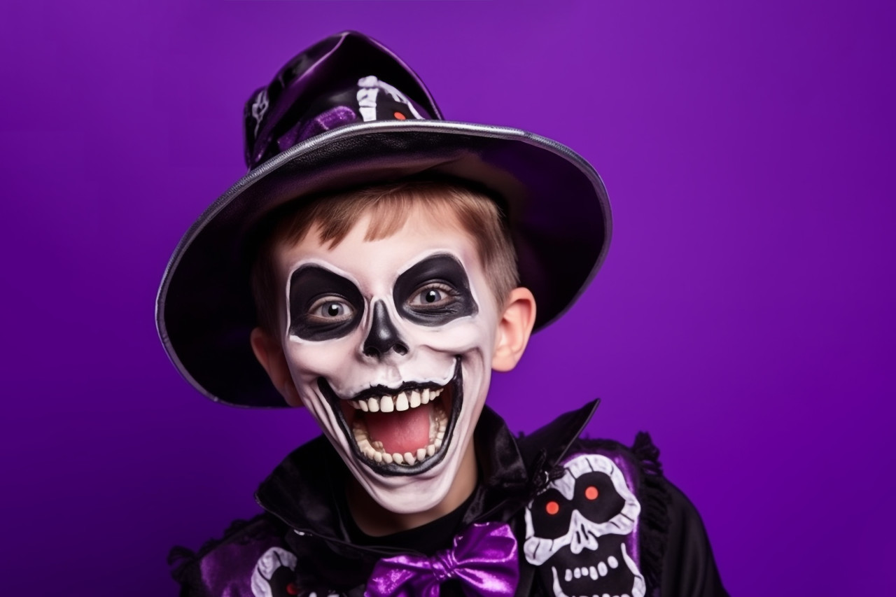 A photo of a happy boy in a skeleton costume celebrating halloween, halloween celebration image