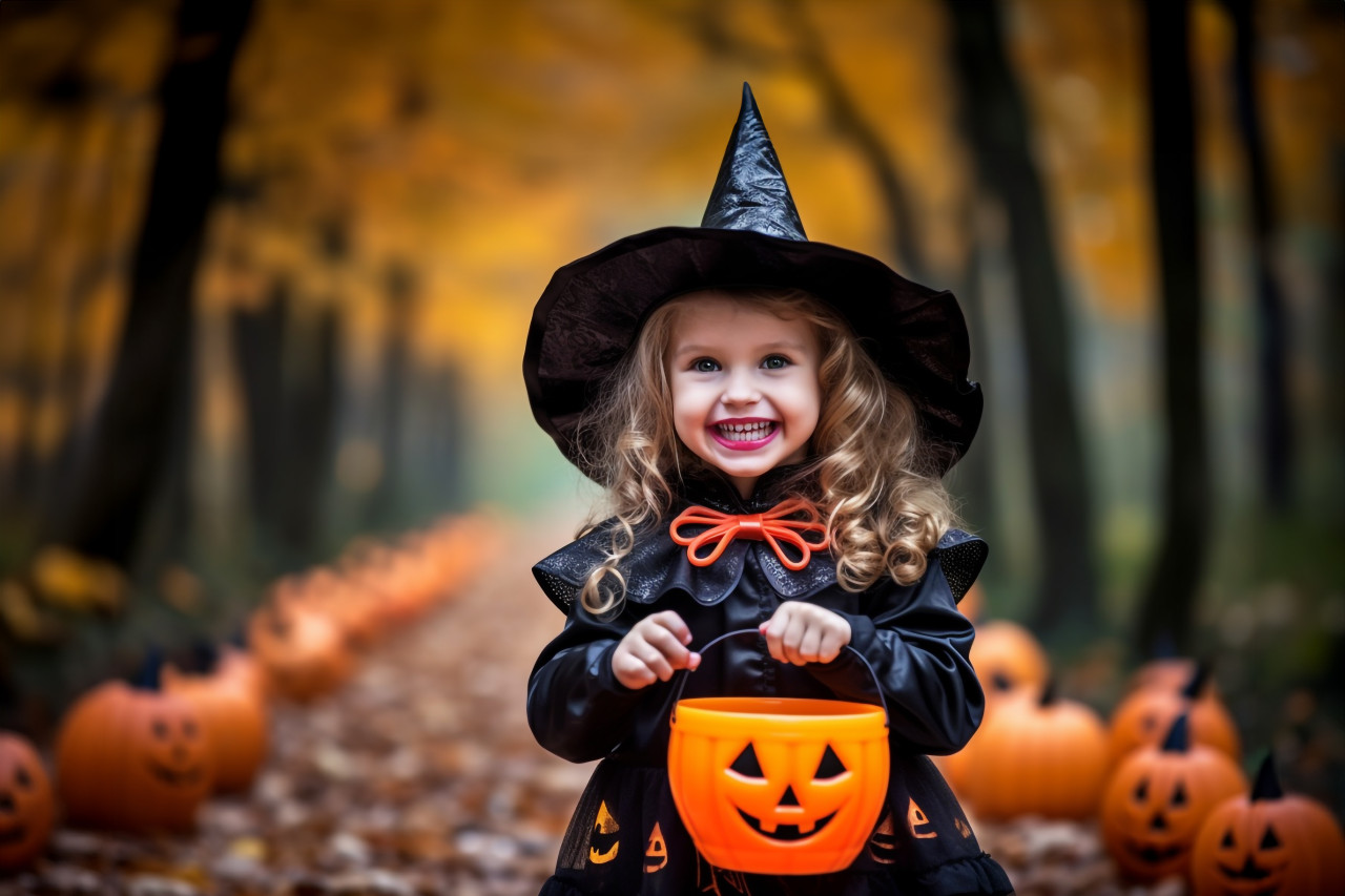 A photo of a young girl dressed as a witch playing in a park in the fall. she is having fun celebrating halloween with other children, halloween celebration image