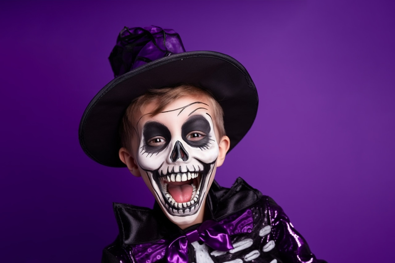 A photo of a happy boy in a skeleton costume celebrating halloween, halloween celebration image