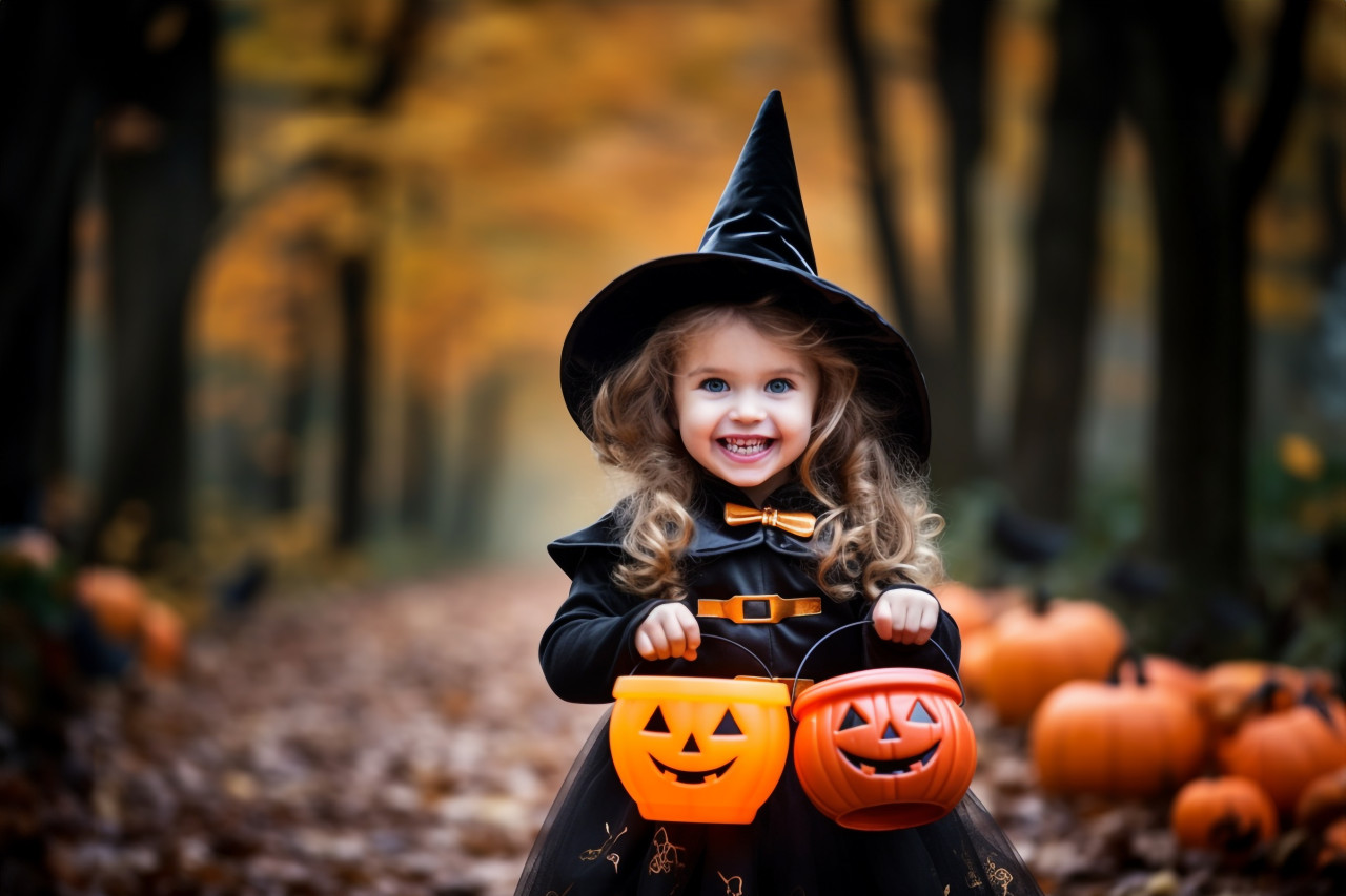A photo of a young girl dressed as a witch playing in a park in the fall. she is having fun celebrating halloween with other children, halloween celebration image