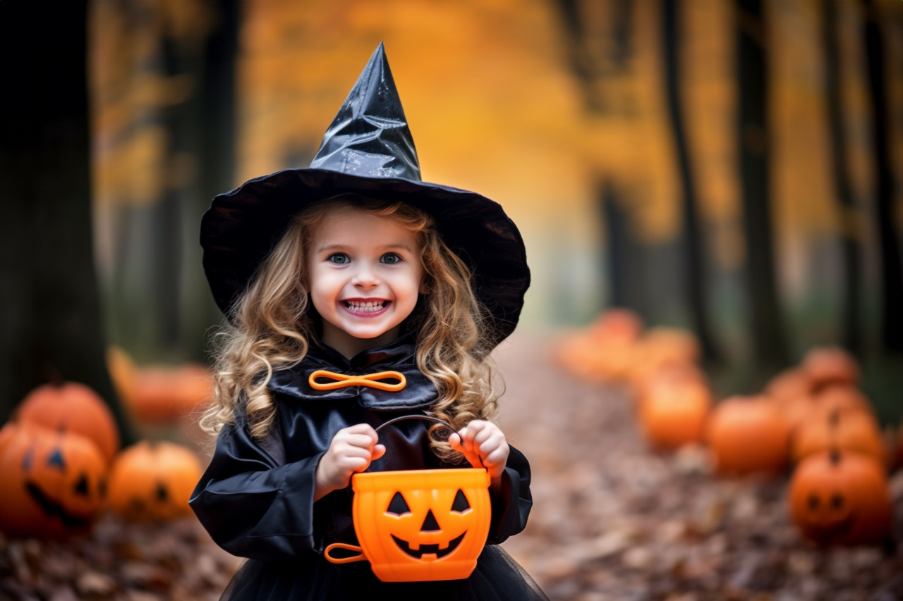 A photo of a young girl dressed as a witch playing in a park in the fall. she is having fun celebrating halloween with other children, halloween celebration image
