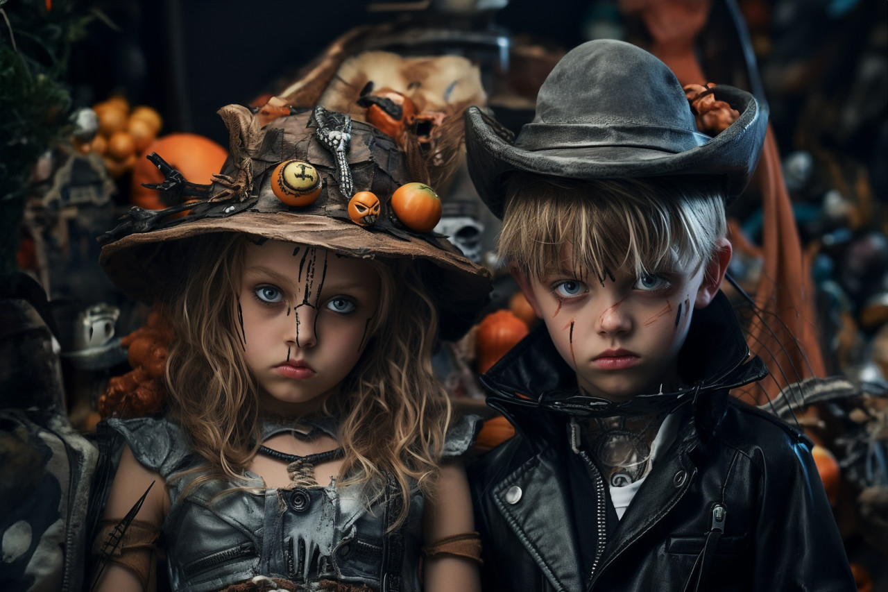 Picture of young kids in halloween costumes going trick or treating, halloween celebration image