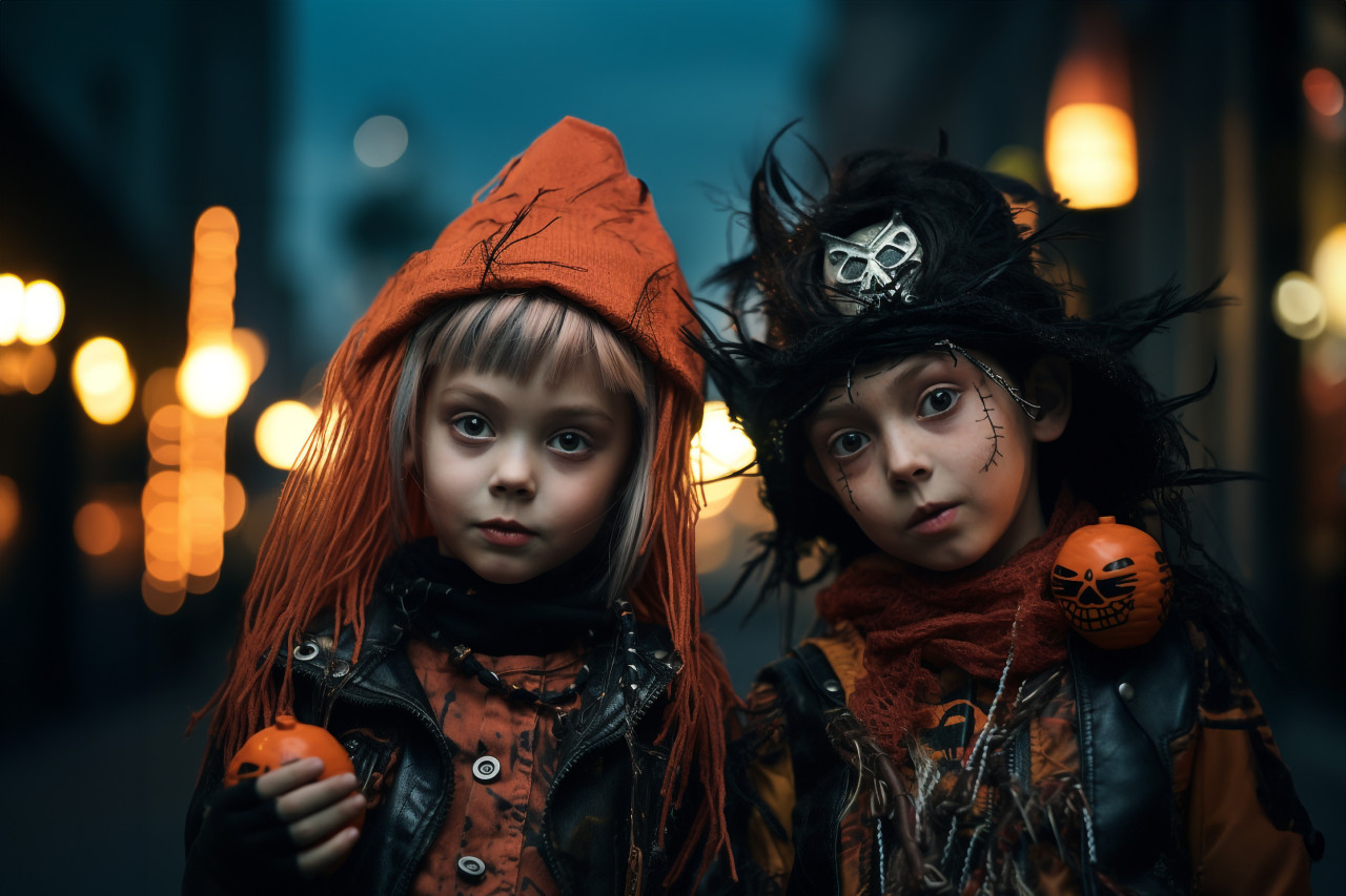 Picture of young kids in halloween costumes going trick or treating, halloween celebration image