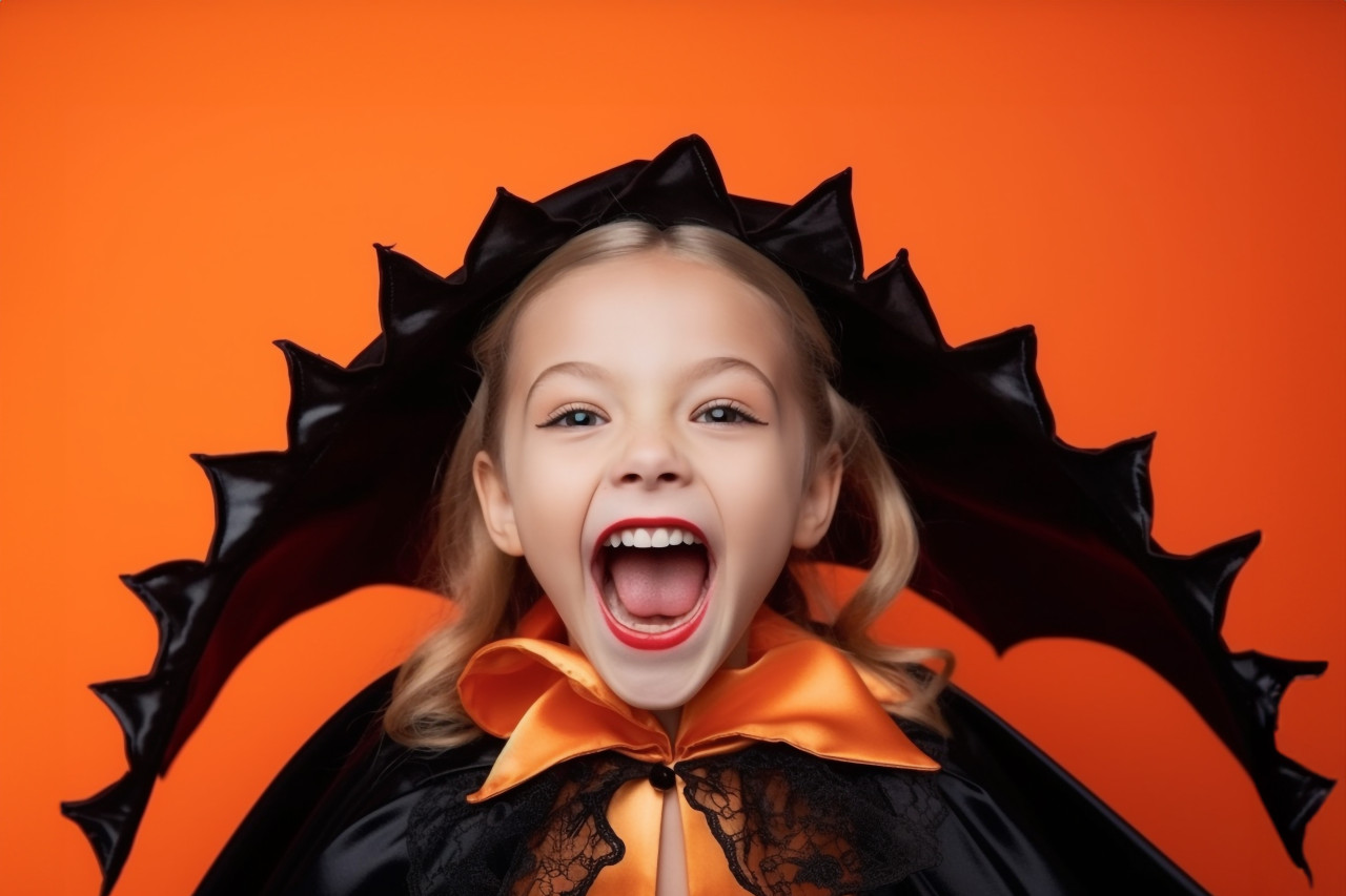A picture of a young girl with fun halloween makeup and a dracula cape, against an orange background, halloween celebration photo