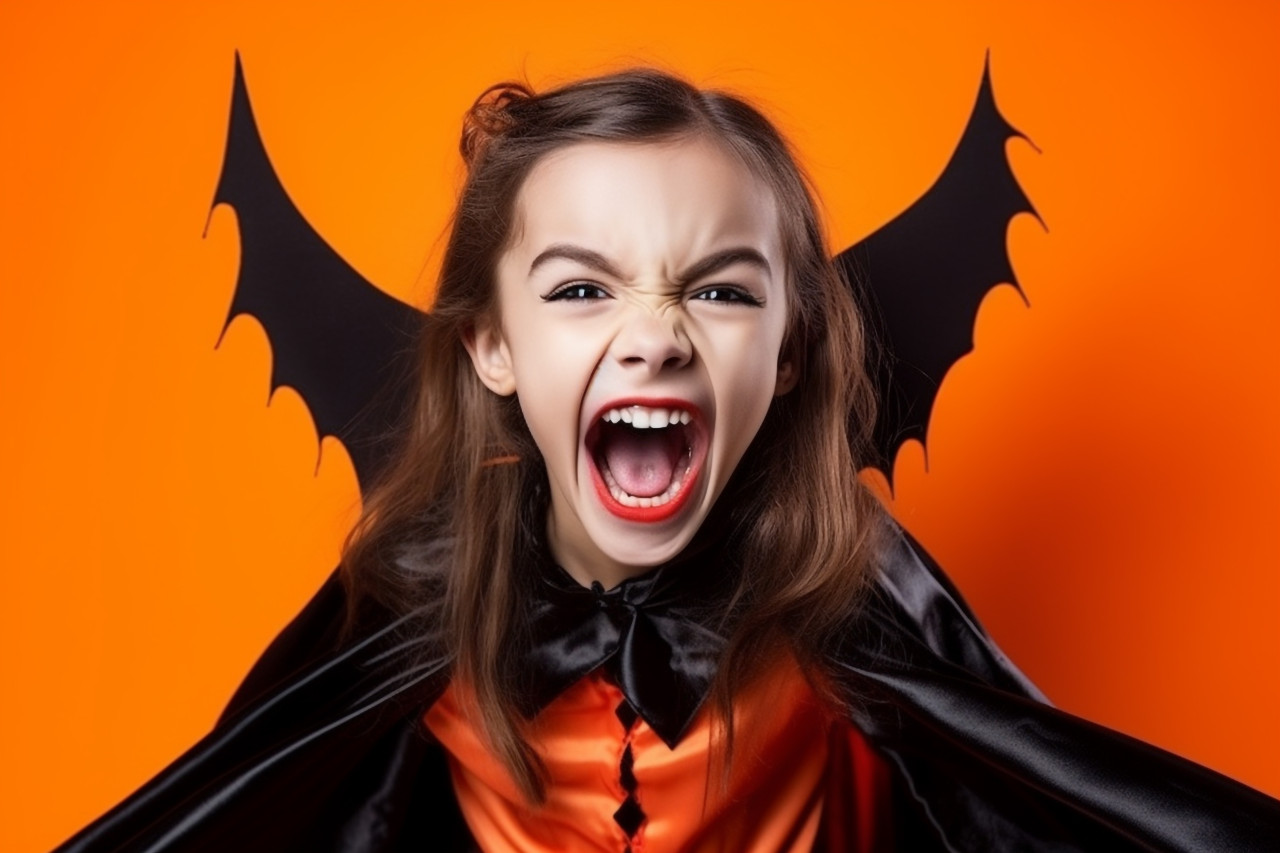 A picture of a young girl with fun halloween makeup and a dracula cape, against an orange background, halloween celebration photo