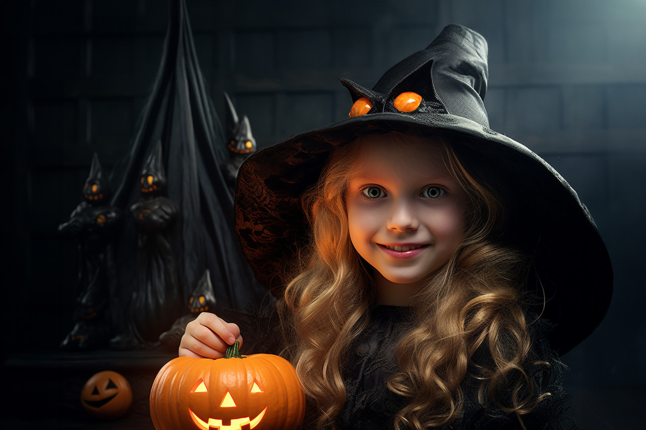 A cute photo of a little witch and her pumpkin, halloween celebration photo