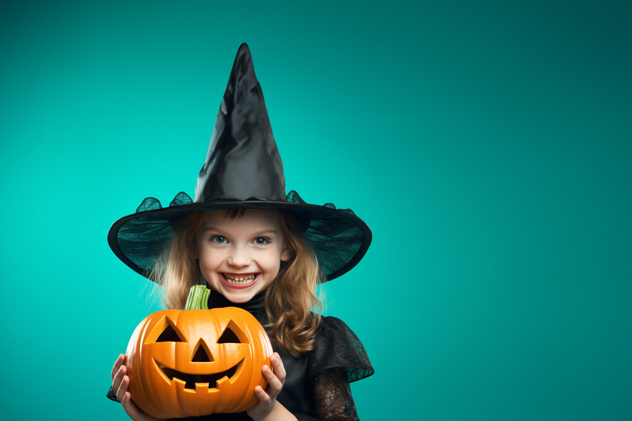 A picture of a small, adorable witch with a pumpkin on a bright blue background, halloween celebration image